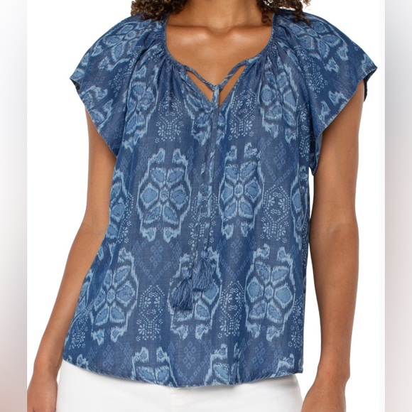 Liverpool Flutter Sleeve Woven Top with Front Tie Tribal - Picture 1 of 4